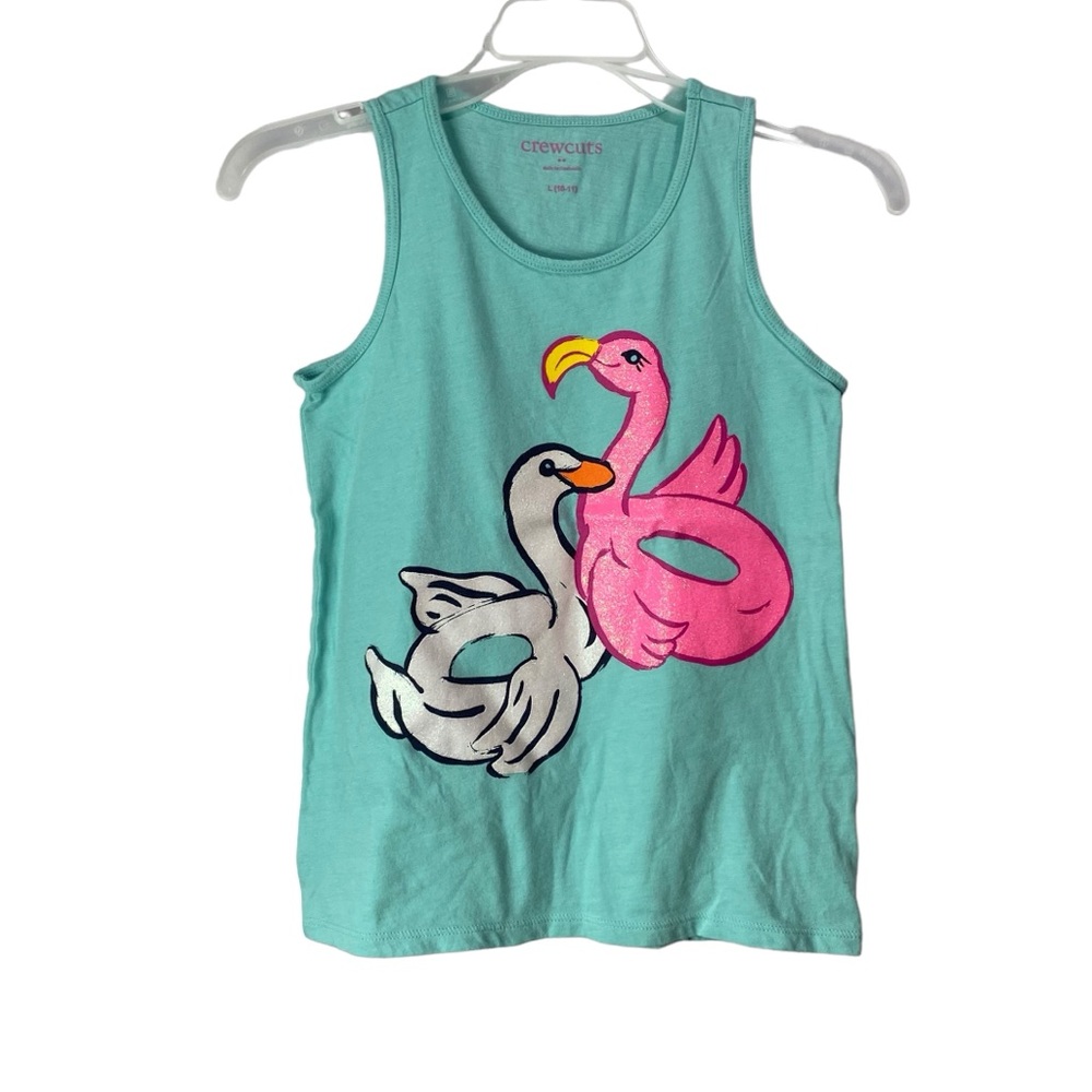 J. Crew Crewcuts tank aqua blue w/ swan flamingo pool floats size large 10-11